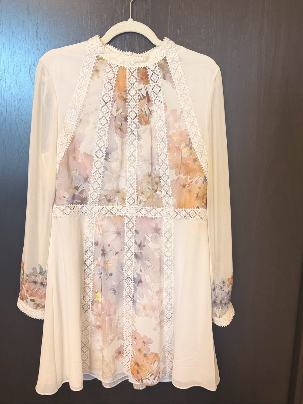 Ted Baker Cream Mini Dress with Pastel Floral Panels and Lace Trim